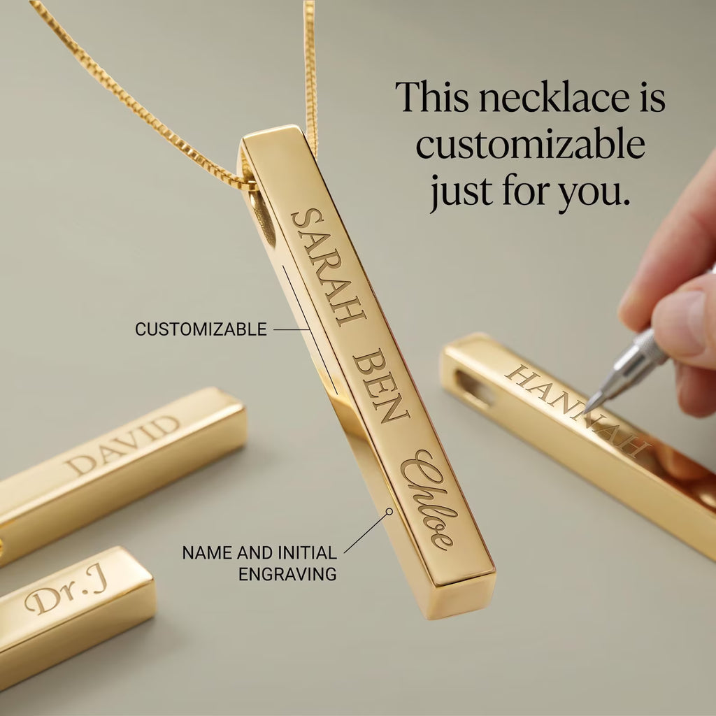 Personalized vertical bar necklace with first name | Engraved stainless steel pendant 